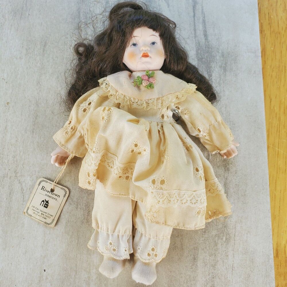 Brinn's Porcelain Doll 9" With Cloth Midsection And Original Dress w Tag